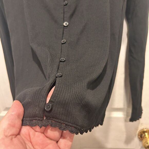 J. Crew Scoopneck Lace Trim‎ Henley Button Down Black Size Large Cotton Modal - Picture 3 of 6